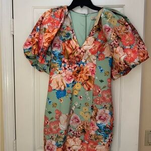 Jewel Badgley Mischka Floral Puff-Sleeve Dress in Mint, Coral, Blue